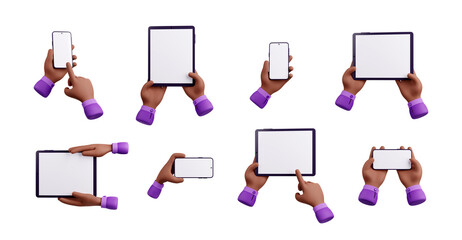 Poster - 3d render black hands holding electronic devices smartphones and tablet pc with blank display. Mockup of gadgets, mobile phone app or ads presentation, isolated Illustration in cartoon plastic style
