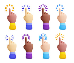 Poster - 3d render cursor hands with different skin colors set. African, caucasian, latin or asian clicking fingers isolated set. Pointer icons for website navigation, Illustration in cartoon plastic style