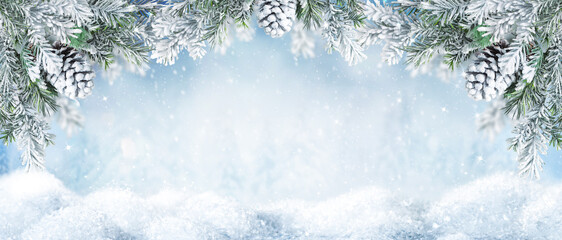 Wall Mural - beautiful winter landscape with snovy fir tree branches and cones in snowy forest. christmas and new