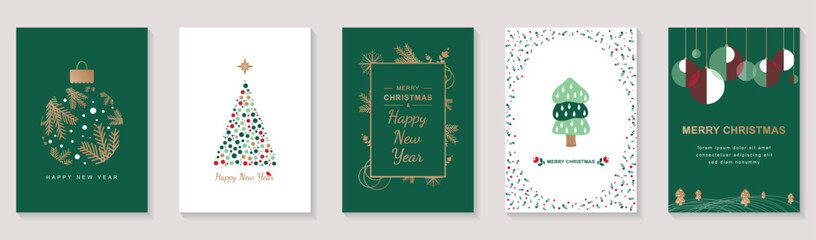Poster - Merry Christmas and Happy New Year 2023 brochure covers set. Xmas minimal banner design with festive trees with toys, balls and other symbols. Vector illustration for flyer, poster or greeting card.