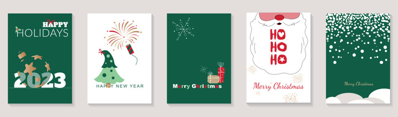 Poster - Merry Christmas and Happy New Year 2023 brochure covers set. Xmas minimal banner design with festive tree, balls, fireworks, Santa Claus beard. Vector illustration for flyer, poster or greeting card.