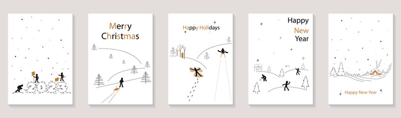 Aufkleber - Merry Christmas and Happy New Year 2023 brochure covers set. Xmas minimal banner design with people doing seasonal fun activities in white snow. Vector illustration for flyer, poster or greeting card.