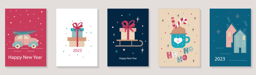 Wall Mural - Merry Christmas and Happy New Year 2023 brochure covers set. Xmas minimal banner design with holiday tree at car, gifts, cacao cup, cute homes. Vector illustration for flyer, poster or greeting card.