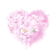 Wall Mural - Beautiful heart figure made of pink peony flowers and pink fog, isolated on white background. Hand drawn watercolor.