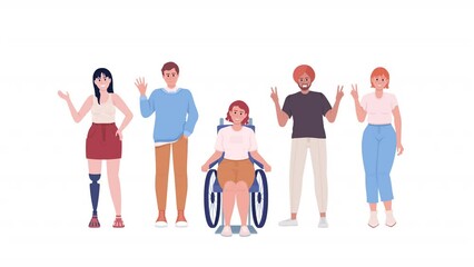 Poster - Animated inclusivity characters. Positive characters group. Full body flat people on white background with alpha channel transparency. Colorful cartoon style HD video footage for animation