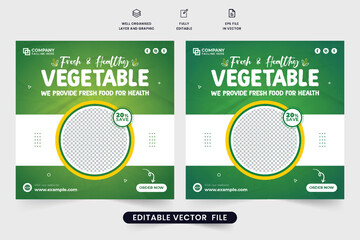 Wall Mural - Creative vegetable business template design with geometric shapes. Organic food menu discount web banner for social media posts. Healthy vegetable promotional poster with green and yellow colors.