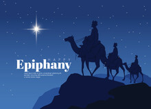 Happy Epiphany Day Design. Three Wise Men On Camel, Bright Star, Nativity Of Jesus.