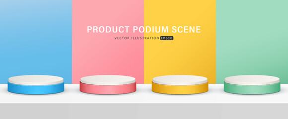 Wall Mural - Set of realistic blue, pink, yellow and green cylinder pedestal podium with shadow isolated  in background for scene show product display. 3D vector