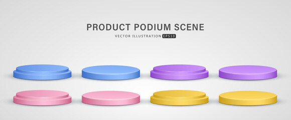 Wall Mural - Set of realistic blue, pink, yellow and purple cylinder step pedestal podium shadow isolate in white background for scene show product display. 3D vector