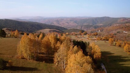 Wall Mural - drone flight over an autumn mountain with peaks, meadows and colorful forests of dinaric alps, near 
