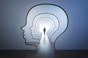 Wall Mural - Mind labyrinth and business success psychology concept with back view walking businessman to the light spot in corridor with walls in form of human head