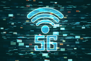 Poster - 5G glitchy icon hologram on blurry background. 5th Generation Wireless Internet Network connection information technology illustration. 