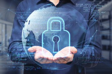 Aufkleber - Close up of businessman hands holding abstract safety hologram with globe and coding on blurry background. Secure, protection and web concept. Double exposure.