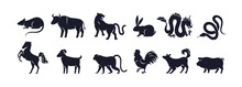 Animals Silhouettes, Chinese Zodiac Symbols. 12 Signs For China New Years. Oriental Horoscope, Astrology Mascots Set, Goat, Monkey, Boar, Rabbit And Rooster. Isolated Flat Graphic Vector Illustrations