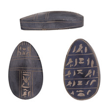 Egyptian Stone Scarab With Hieroglyphs Isolated On White