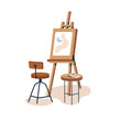 © Good Studio - Easel and chair, artists workplace. Abstract painting on paper on wood tripod, art supplies on table, drawing artistic tools, stuff. Flat graphic vector illustration isolated on white background