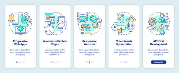Web development trends onboarding mobile app screen. Digital industry walkthrough 5 steps editable graphic instructions with linear concepts. UI, UX, GUI template. Myriad Pro-Bold, Regular fonts used