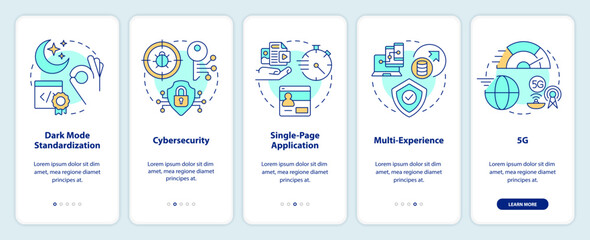 Trends in website development onboarding mobile app screen. Walkthrough 5 steps editable graphic instructions with linear concepts. UI, UX, GUI template. Myriad Pro-Bold, Regular fonts used