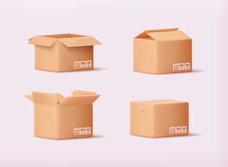 Carton delivery packaging open and closed box with fragile signs. Cardboard box mockup set. 3D Vector Illustrations.