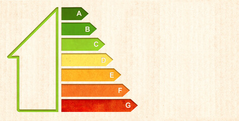 Wall Mural - Energy efficiency chart on cardboard texture. Horizontal banner with eco paper texture and energy efficiency house symbol. Energy class, bio energetic and ecology concept