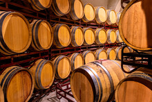 Cellar With Barrels For Storage Of Wine, Spain. Wine Concept
