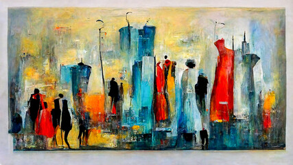 Wall Mural - Panorama abstract watercolor painting people in town, Generative AI Illustration
