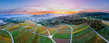 Germany, Baden-Wurttemberg, Drone Panorama Of Vineyards In Remstal Valley At Autumn Dawn