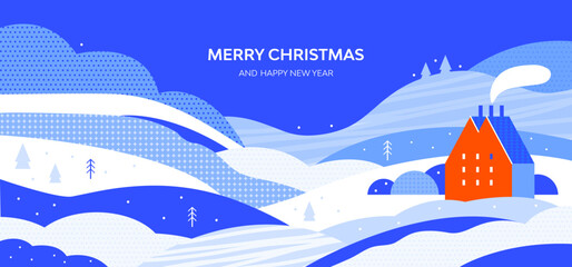 Wall Mural - Snowy winter landscape of the countryside with hills, snowdrifts, trees and cozy house. Merry Christmas and happy New year horizontal banner with congratulatory text. Colorful vector flat illustration