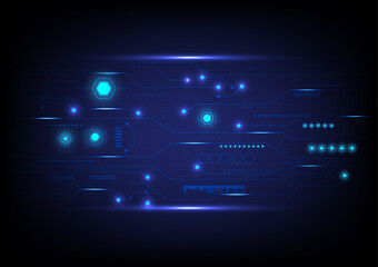 Poster - hi-tech technology abstract background
Numerous geometric shapes with circuit patterns shine brightly on the horizontal lines.
on a blue gradient background