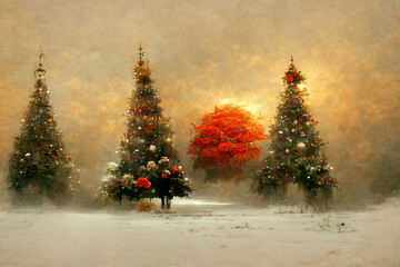 christmas tree, snowflakes, winter, decorations, christmas theme digital card illustration