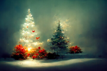 christmas tree, snowflakes, winter, decorations, christmas theme digital card illustration