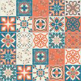 Fototapeta Kuchnia - Ceramic tile design orange blue contrast color, square ceramic tiles, vector illustration