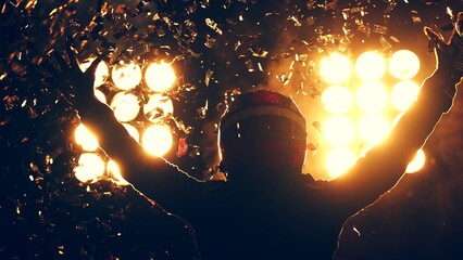 Silhouette of race car driver celebrating the win in a race against bright stadium lights. 100 FPS slow motion shot