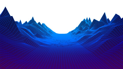 Poster - 80s synthwave styled landscape with blue grid mountains
