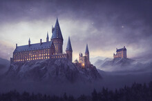 Castle In The Night, Fantasy Castle On A Cliff, Old Historical Castle