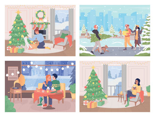 Poster - Cozy christmas activities flat color vector illustration set. Xmas holiday. Winter season. Fully editable 2D simple cartoon characters collection with festive New Year atmosphere on background