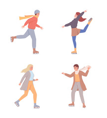 Poster - Ice skaters semi flat color vector characters set. Outdoor winter activity. Editable figures. Full body people on white. Simple cartoon style illustration pack for web graphic design and animation