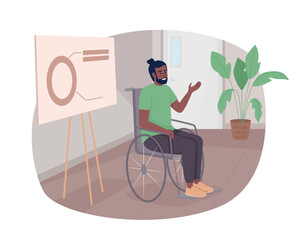 Poster - Disabled man making presentation 2D vector isolated illustration. Businessman in wheelchair flat character on cartoon background. Colourful editable scene for mobile, website, presentation