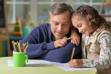 Poster - Portrait of father with cute daughter draw 