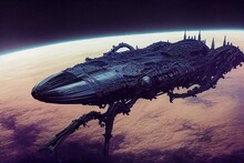 Dark Alien Invader Spaceship Exploring Deep Space Sci-fi Illustration Design