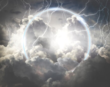 Luminous Circle On The Background Of Thunderclouds. Copyspace. Mockup.