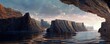 futuristic landscape with cliffs and water illustration art. Generative AI