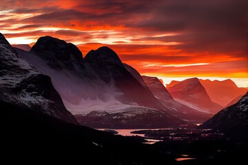 sunset mountains landscape in norway travel scenery natural red sky colors
