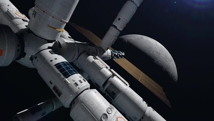 Wall Mural - flight of the space station to the moon. the concept of exploring new planets and satellites search 