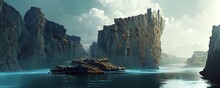 Futuristic Landscape With Cliffs And Water Illustration Art