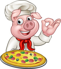 Poster - Pig Cartoon Pizza Chef Character