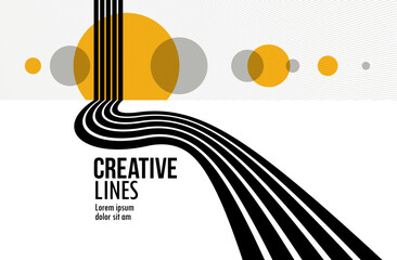 Future lines in 3D perspective vector abstract background, black and yellow linear composition, road to horizon and sky concept, optical illusion op art.