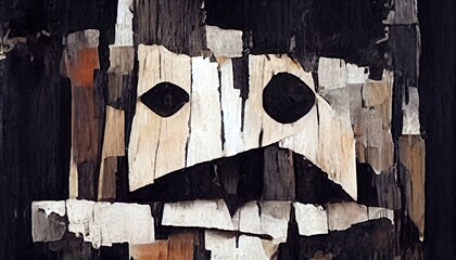 Abstract colorful Portrait of Human face on wood bark. Bold Brush. 