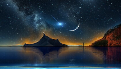 Wall Mural - starry night sky at sea , nebula star fall moon milky way reflection,mountains and rock on horizont 