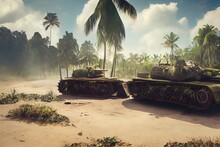 Wrecked Tank Lies In The Jungle In The Middle Of Palm Trees And Tropical Vegetation. 